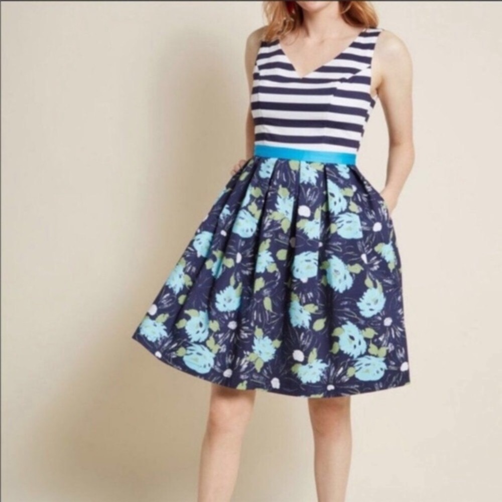 Modcloth Striped & Floral Fit & Flare Dress